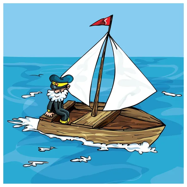 Cartoon van de mens in een klein bootje varen — Stockvector