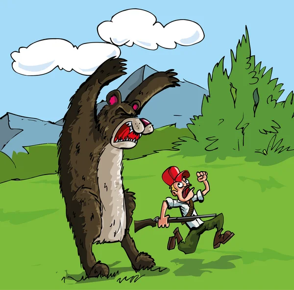 Kreskówka niedźwiedź atakuje myśliwego — Wektor stockowy