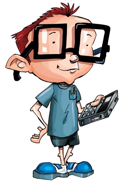 Cartoon nerd met bril en een smartphone — Stockvector