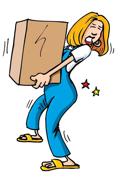 Cartoon van vrouw oppakken van een zware doos — Stockvector