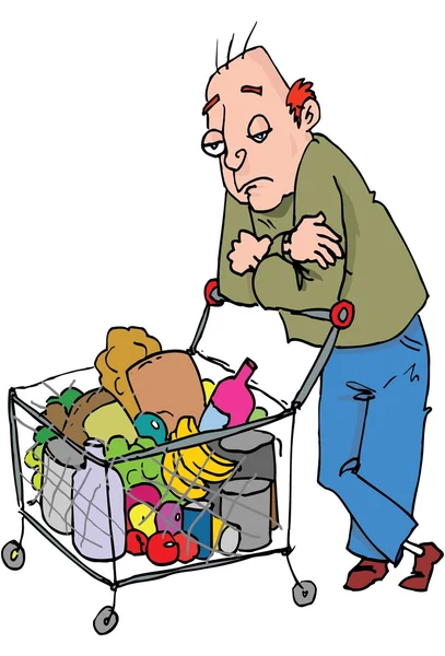 Γελοιογραφία της άντρας πιέζοντας ένα καροτσάκι για ψώνια — Διανυσματικό Αρχείο