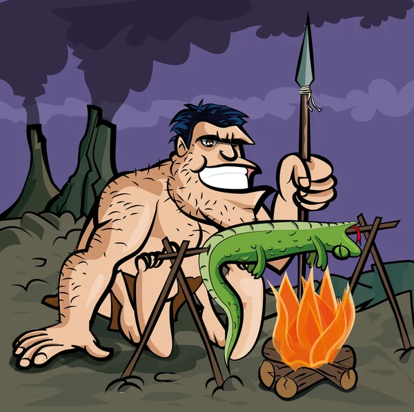 Caveman cozinhar um lagarto sobre uma fogueira —  Vetores de Stock