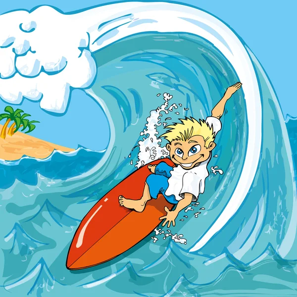 Мультфільмі хлопчика, серфінг — стоковий вектор