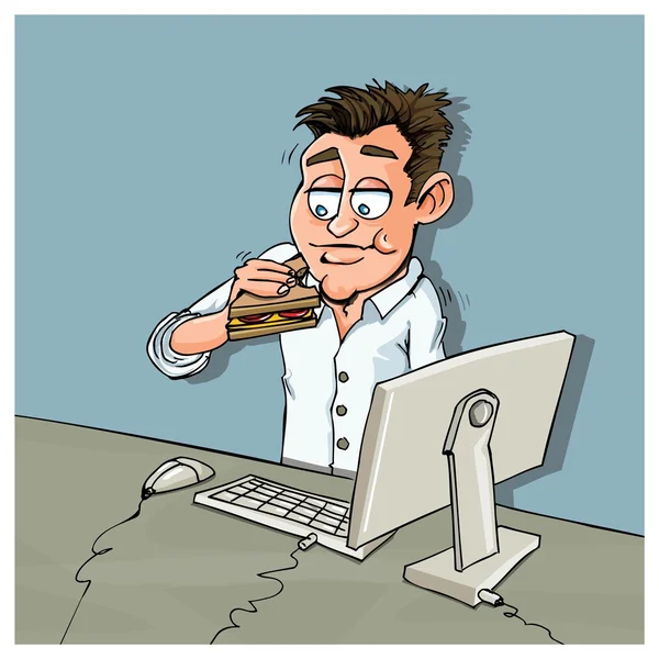 Caricatura oficina trabajador comer luch — Vector de stock