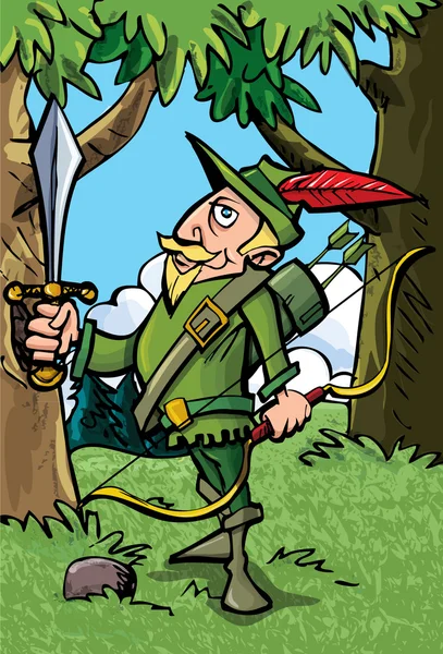 Desenhos animados Robin Hood na floresta — Vetor de Stock
