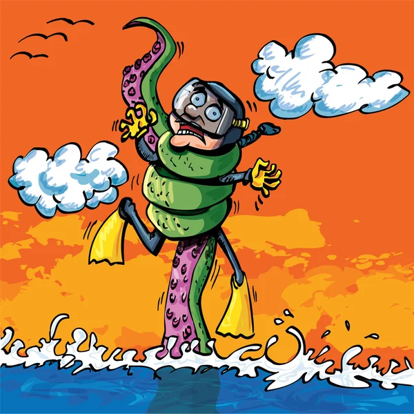 Kreslený potápěč napaden chapadlo — Stockový vektor