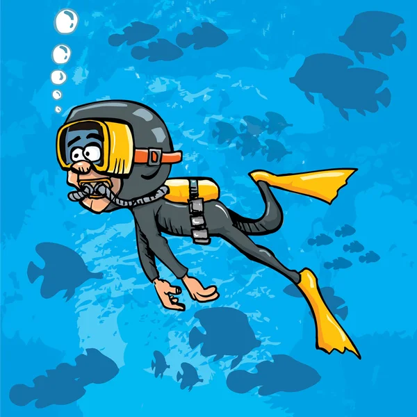 Mergulhador de desenhos animados nadando subaquático com peixes —  Vetores de Stock