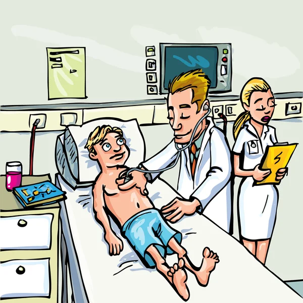 Kreskówka lekarz uczestniczy młodego pacjenta — Wektor stockowy