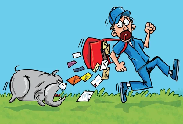 Cartoon brevbäraren springer iväg från en hund — Stock vektor