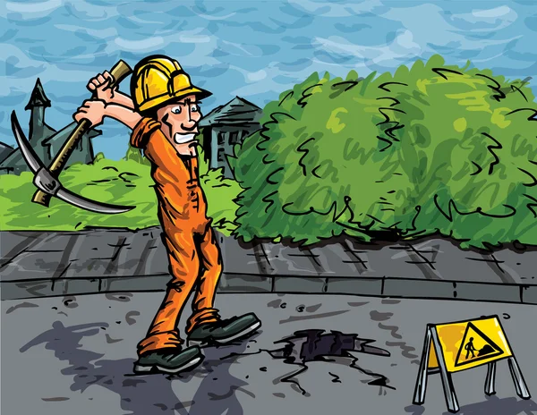 Cartoon of labourer using a pick axe — Stock Vector