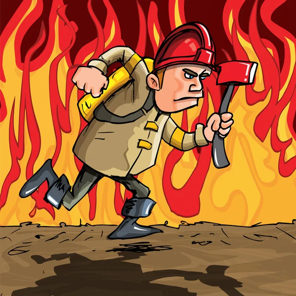 Bombero de dibujos animados corriendo con un hacha — Vector de stock