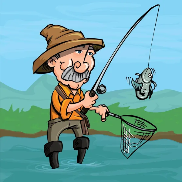 Cartoon visser vangen van een vis — Stockvector