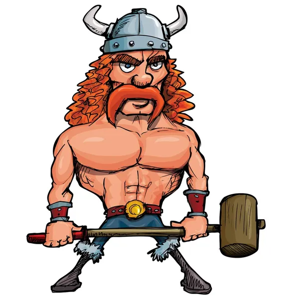 Vikingo de dibujos animados con un martillo grande — Vector de stock
