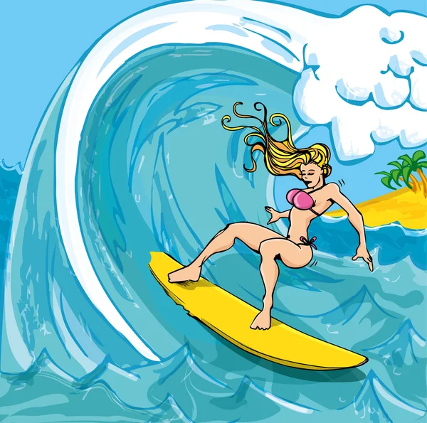 Cartoon girl in a bikini surfing