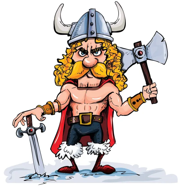 Γελοιογραφία viking με ένα μεγάλο τσεκούρι — Διανυσματικό Αρχείο