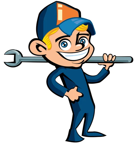 Cute Cartoon plumber holding a tool — Stock Vector