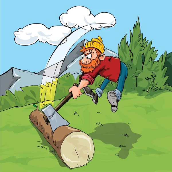 Lenhador dos desenhos animados cortando um enorme tronco — Vetor de Stock
