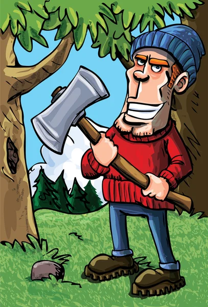 Lenhador de desenhos animados segurando um machado — Vetor de Stock