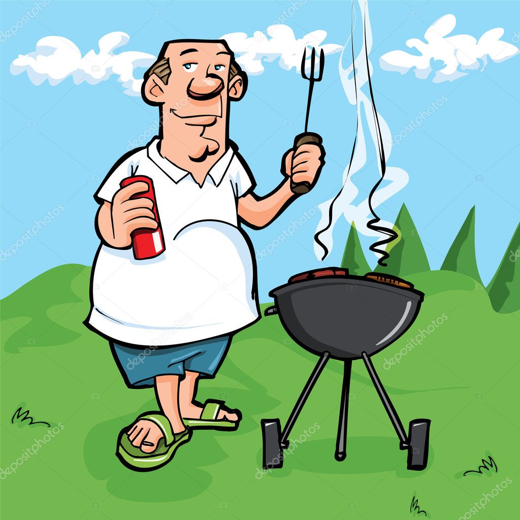 Cartoon of man having a BBQ