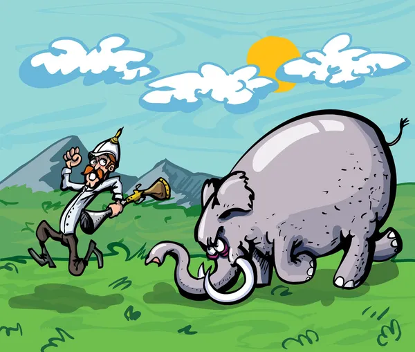 Dibujos animados de un cazador perseguido por un elefante — Vector de stock