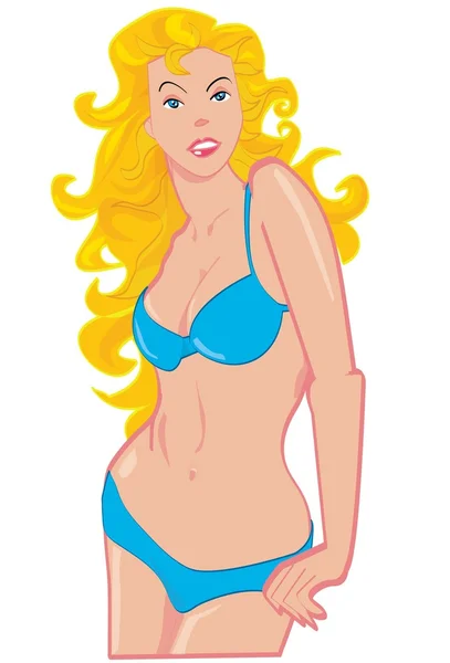 Cartoon van blond met blauwe bikini — Stockvector