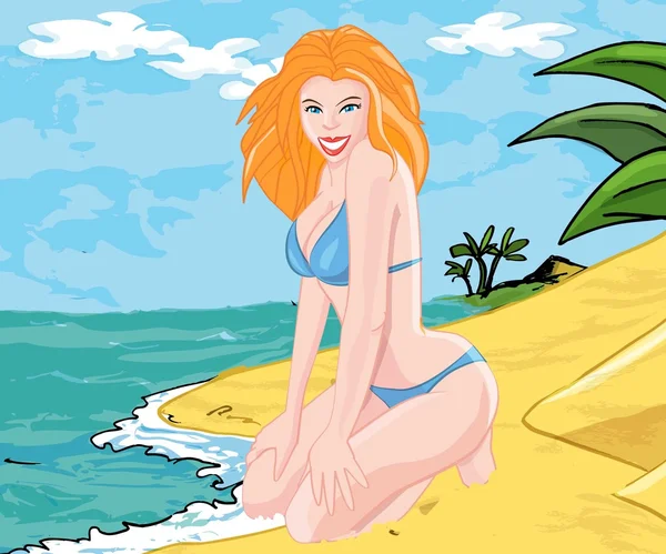 Cartone animato di una donna bionda sulla spiaggia — Vettoriale Stock