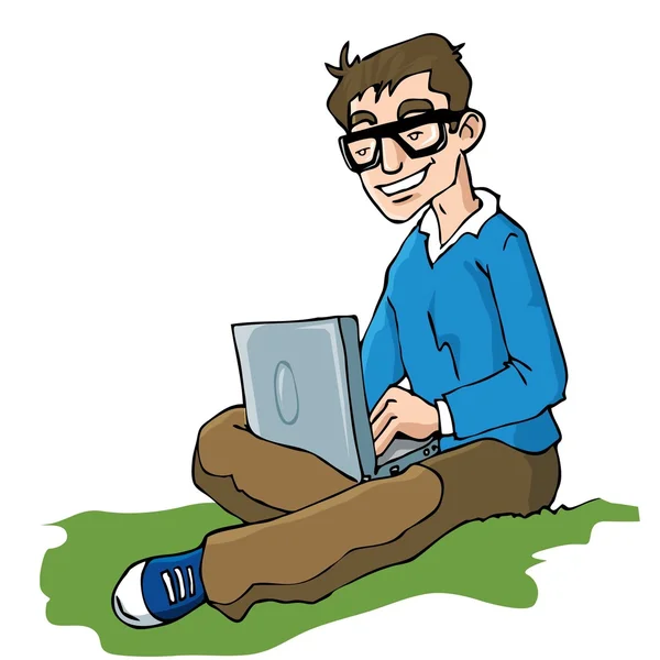 Dibujos animados del hombre trabajando en un ordenador portátil — Vector de stock