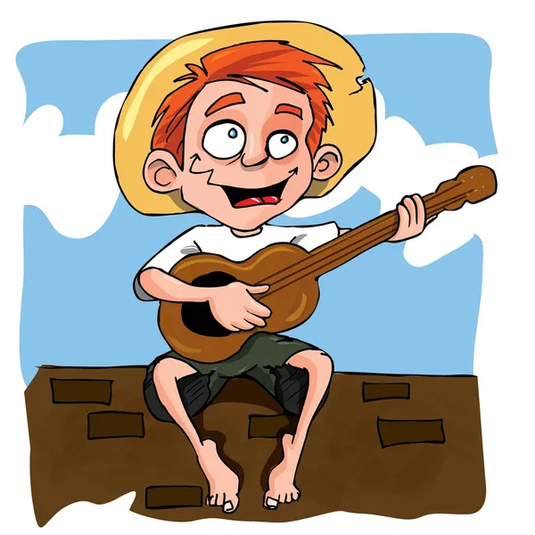 Kartun anak kecil bermain gitar - Stok Vektor