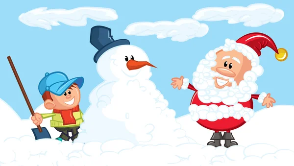 Tecknad av santa, en snögubbe och en liten pojke — Stock vektor