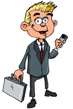 Cartoon salesman with briefcase and mobile phone clipart