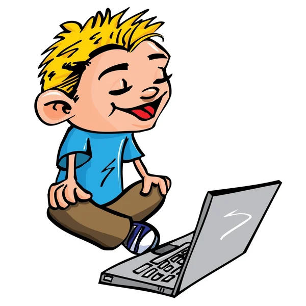 Desenhos animados de menino trabalhando em um laptop — Vetor de Stock