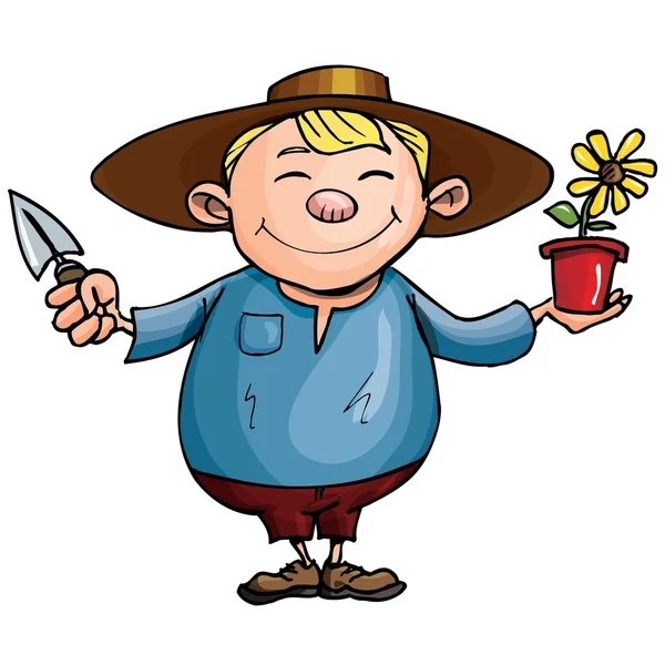 Jardinero de dibujos animados con planta de maceta — Vector de stock