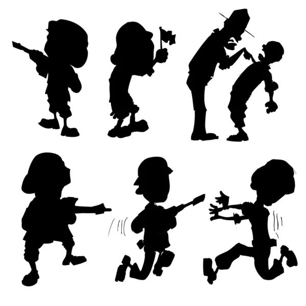 Set di cartoni animati di soldati silhouette — Vettoriale Stock