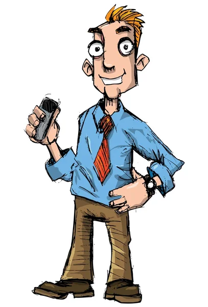 Продавец мультфильмов с портфелем и мобильным телефоном — стоковый вектор