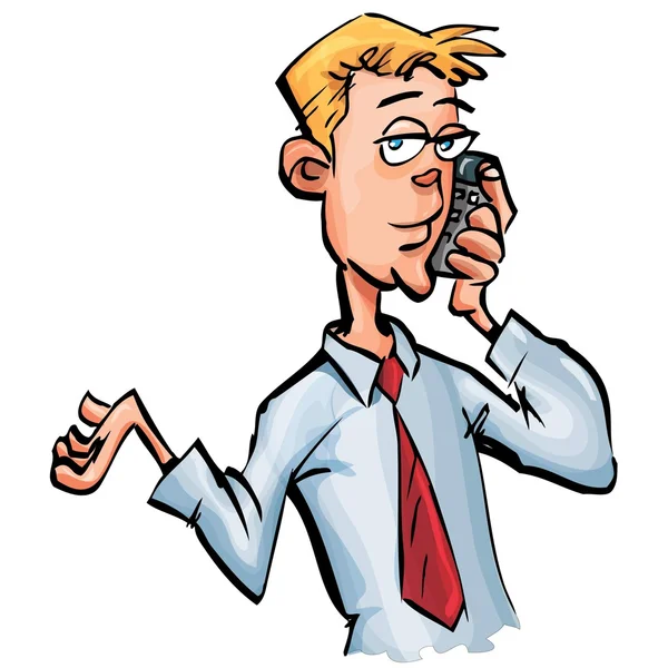 Homem de negócios dos desenhos animados em seu telefone móvel — Vetor de Stock