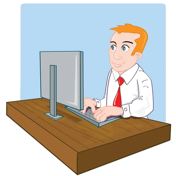 Cartoon-Büroangestellte an seinem Schreibtisch — Stockvektor
