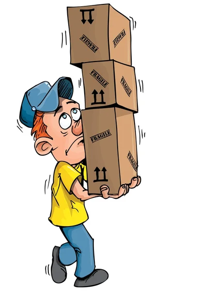 Bir yığın kutu taşıyan karikatür teslimat adam — Stok Vektör