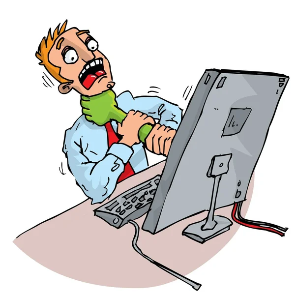 Trabalhador do escritório dos desenhos animados atacado por seu computador — Vetor de Stock