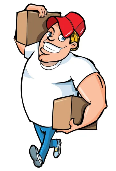 Cartoon of burly delivery man carrying two boxes — Stock Vector