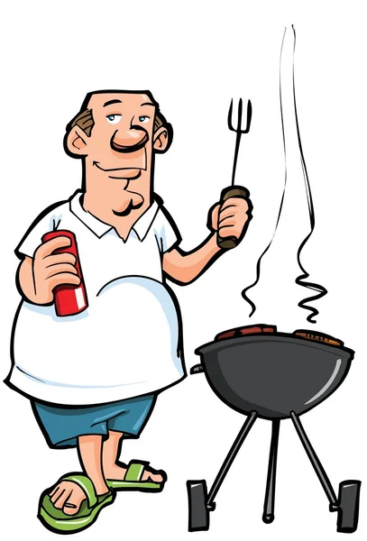 Cartoon of overweight man having a BBQ — Stock Vector