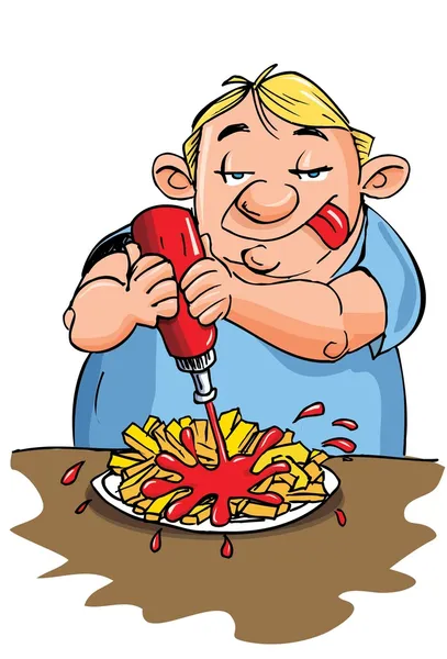 Карикатура на толстого человека, поедающего картошку фри — стоковый вектор