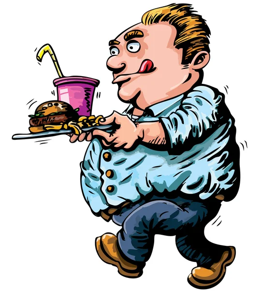 Cartone animato di sovrappeso uomo con fast food — Vettoriale Stock