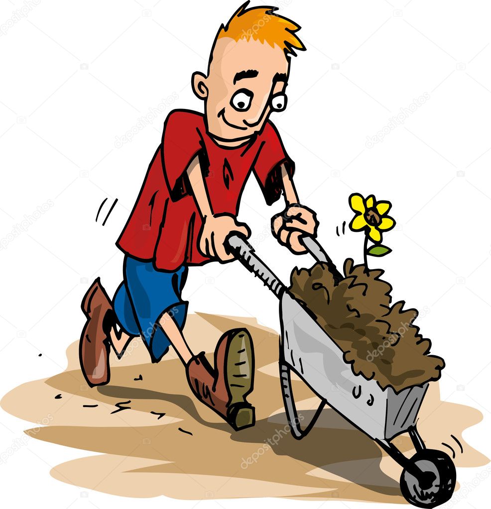 Cartoon of man pushing a wheelbarrow