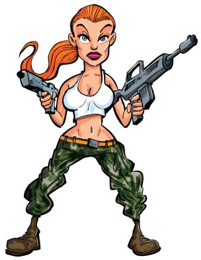 Cartoon female soldier with two guns clipart