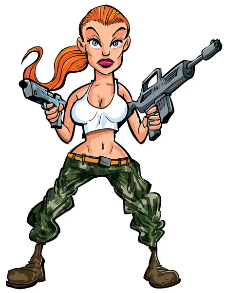 Dessin animé soldat féminin avec deux fusils — Image vectorielle