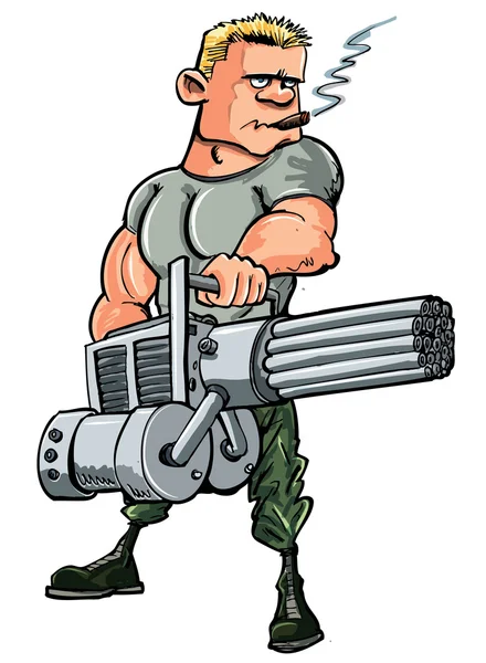 Γελοιογραφία στρατιώτη με όπλο μίνι — Διανυσματικό Αρχείο