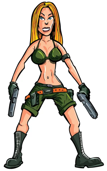 Kartun tentara wanita dengan dua senjata tangan - Stok Vektor
