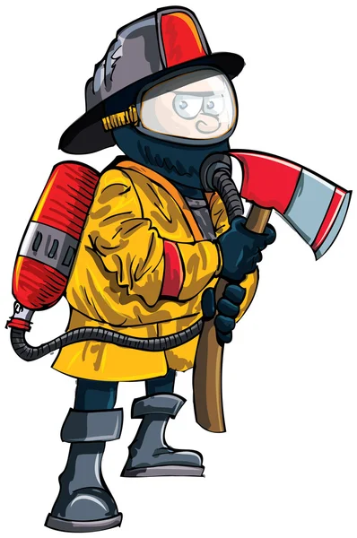 Pompier dessin animé dans un masque avec une hache — Image vectorielle