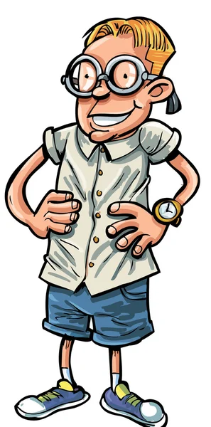 Cartoon nerd met handen op zijn heupen — Stockvector