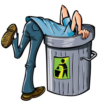Man looking deep into a garbage can clipart